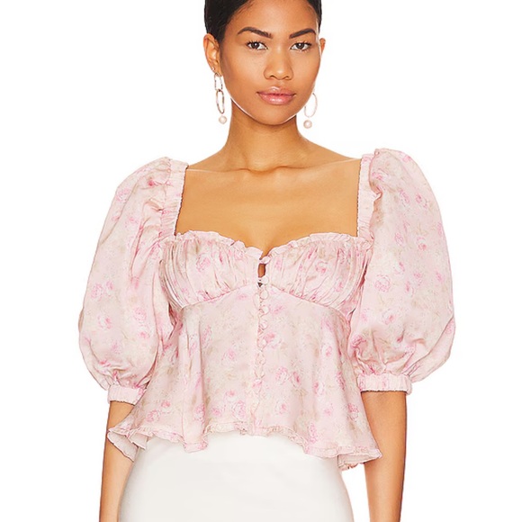 For Love And Lemons Blush Floral Puff Sleeve Blouse - Picture 1 of 10
